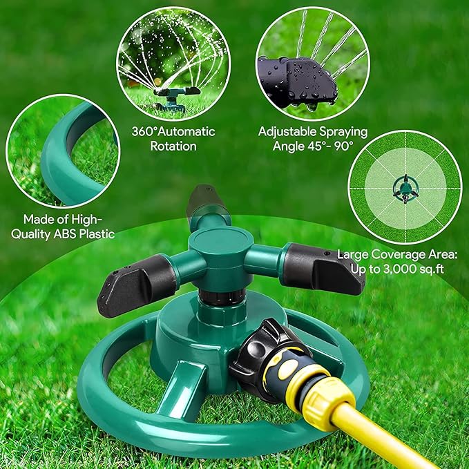 SS Automatic 360° Lawn Sprinkler 3 Arm 4 Nozzle for Watering Garden Plants/Pipe Hose Irrigation Yard Water Sprayer