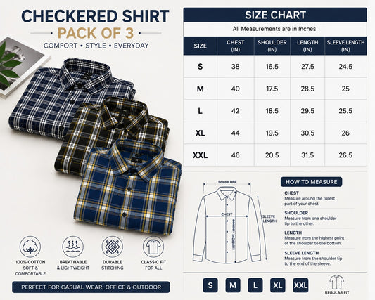 Muticoloured Cotton Checkered Shirts (Pack of 3)