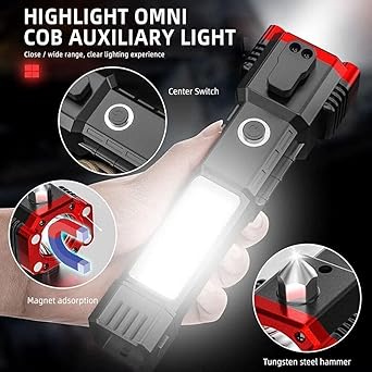 Flashlight,Long Distance Beam Range Car Rescue Torch with Hammer Window Glass and Seat Belt Cutter Built Portable Rechargeable