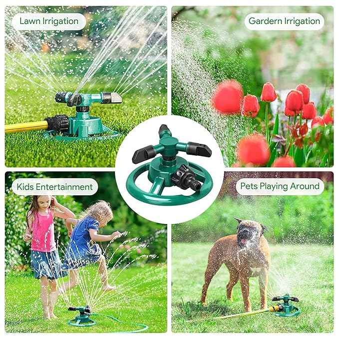 SS Automatic 360° Lawn Sprinkler 3 Arm 4 Nozzle for Watering Garden Plants/Pipe Hose Irrigation Yard Water Sprayer