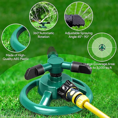 SS Automatic 360° Lawn Sprinkler 3 Arm 4 Nozzle for Watering Garden Plants/Pipe Hose Irrigation Yard Water Sprayer
