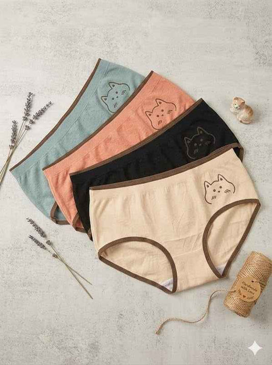 Cute Cat Print Cotton Hipster Panty for Women Pack Of 3 (Assorted Color)