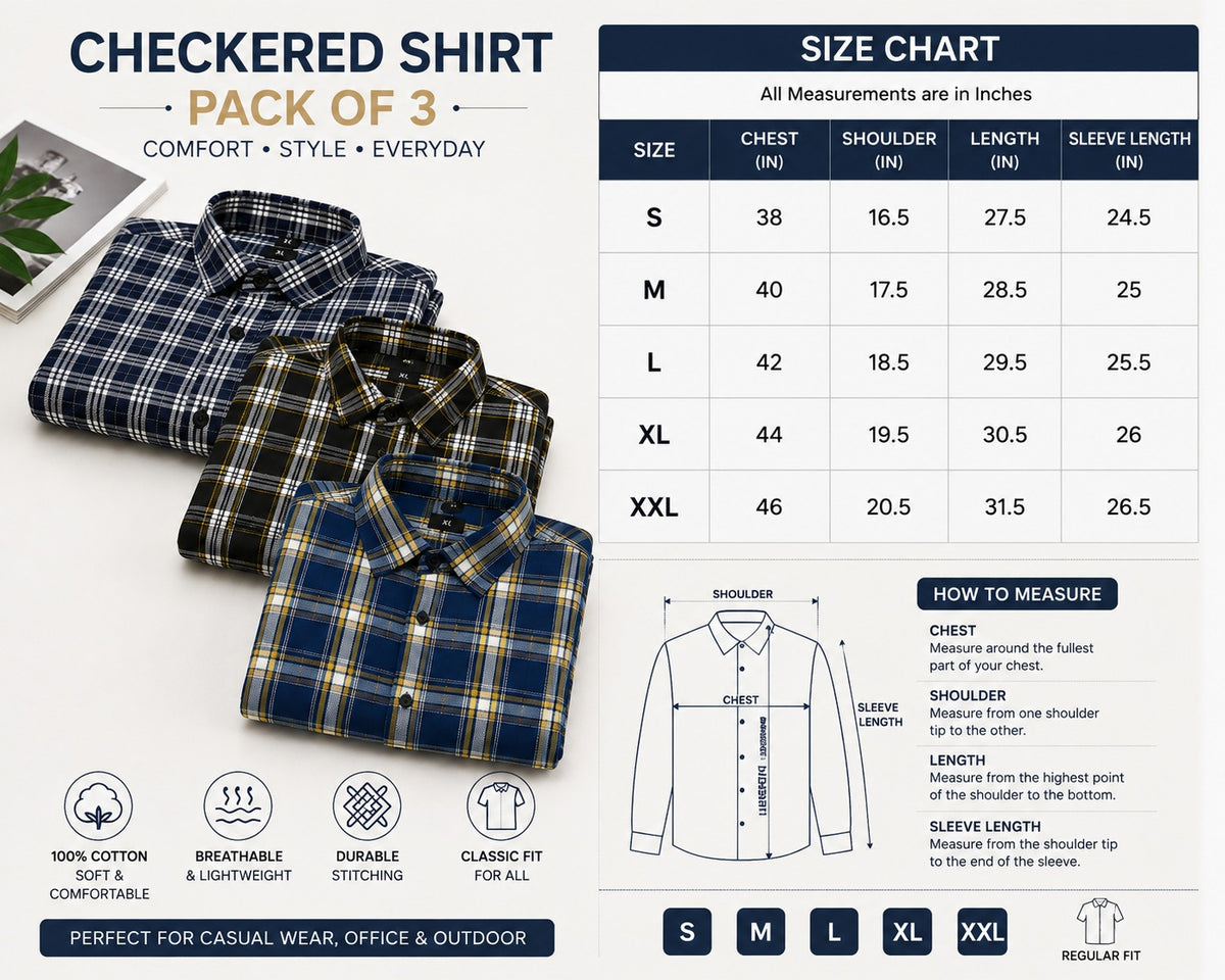 Muticoloured Cotton Checkered Shirts (Pack of 3)
