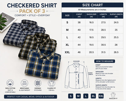 Muticoloured Cotton Checkered Shirts (Pack of 3)