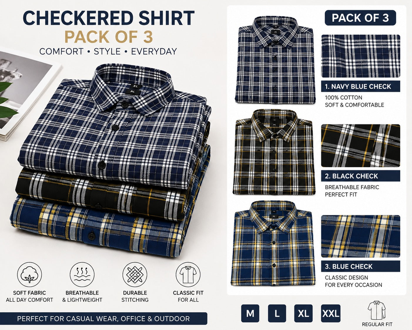 Muticoloured Cotton Checkered Shirts (Pack of 3)