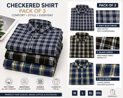 Muticoloured Cotton Checkered Shirts (Pack of 3)