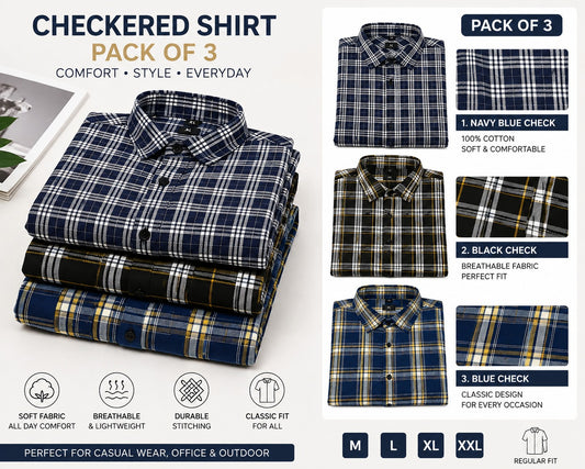 Muticoloured Cotton Checkered Shirts (Pack of 3)