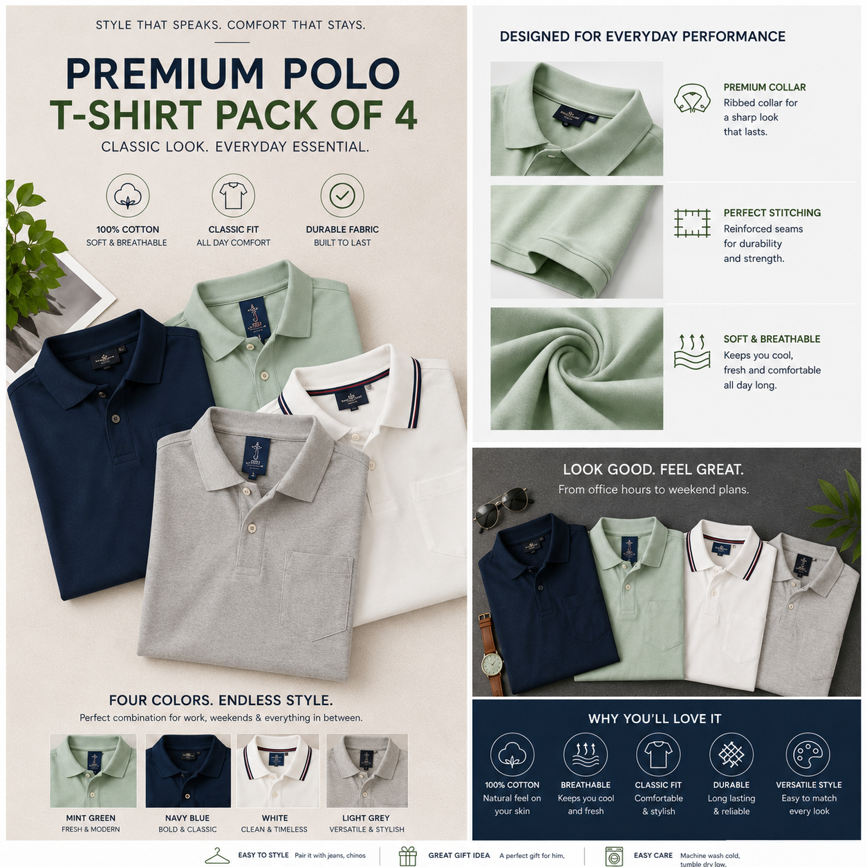Muticoloured Poly Cotton Polo T-Shirts (Pack of 4)