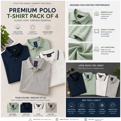 Muticoloured Poly Cotton Polo T-Shirts (Pack of 4)