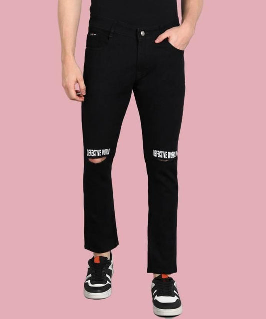 FUDE PRIDE Men's Slim Fit Mid Rise Printed Black Jeans