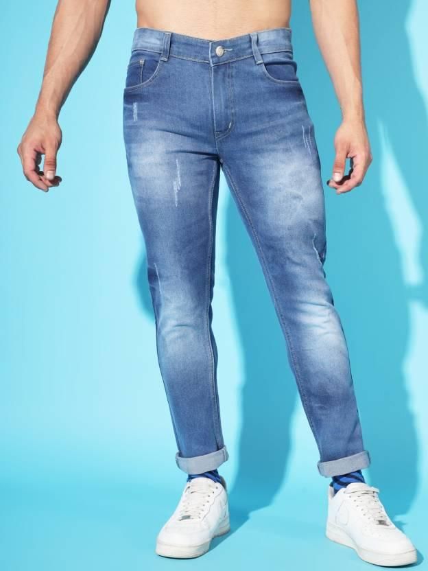 FUDE PRIDE Men's Slim Fit Mid Rise Distressed Blue Jeans