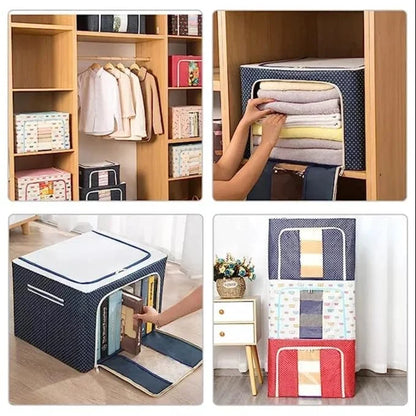[Pack of 3/6] Cloth & Storage Organiser Box | Extra Large 66L | Water-Resistant Fabric with Zipper & Metallic Support Rods | Foldable Clothes Storage for Bedroom & Wardrobe [Pack of 9/18]