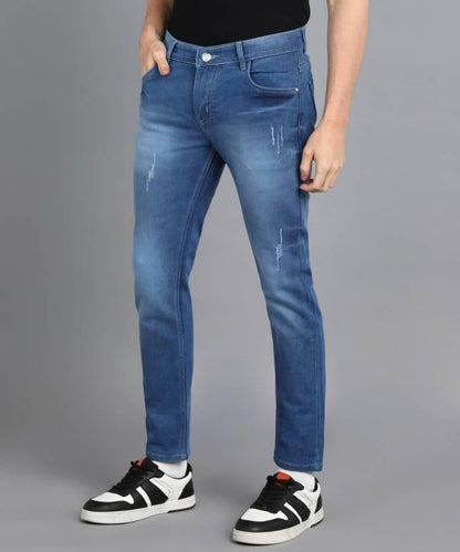 FUDE PRIDE Men's Slim Fit Mid Rise Solid Blue Jeans