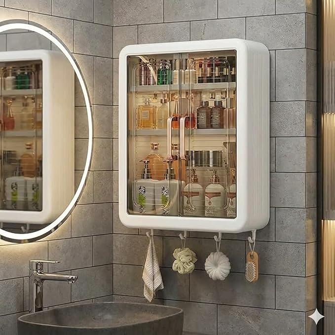 Wall Mounted Bathroom Cabinet Organizer with Doors, Organiser Without Drill, Hooks & Shelves