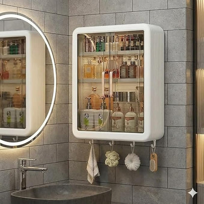 Wall Mounted Bathroom Cabinet Organizer with Doors, Organiser Without Drill, Hooks & Shelves