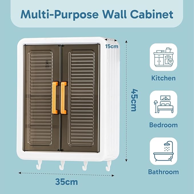 Wall Mounted Bathroom Cabinet Organizer with Doors, Organiser Without Drill, Hooks & Shelves