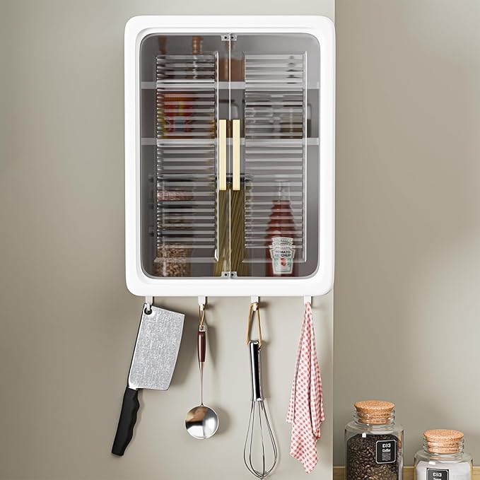 Wall Mounted Bathroom Cabinet Organizer with Doors, Organiser Without Drill, Hooks & Shelves