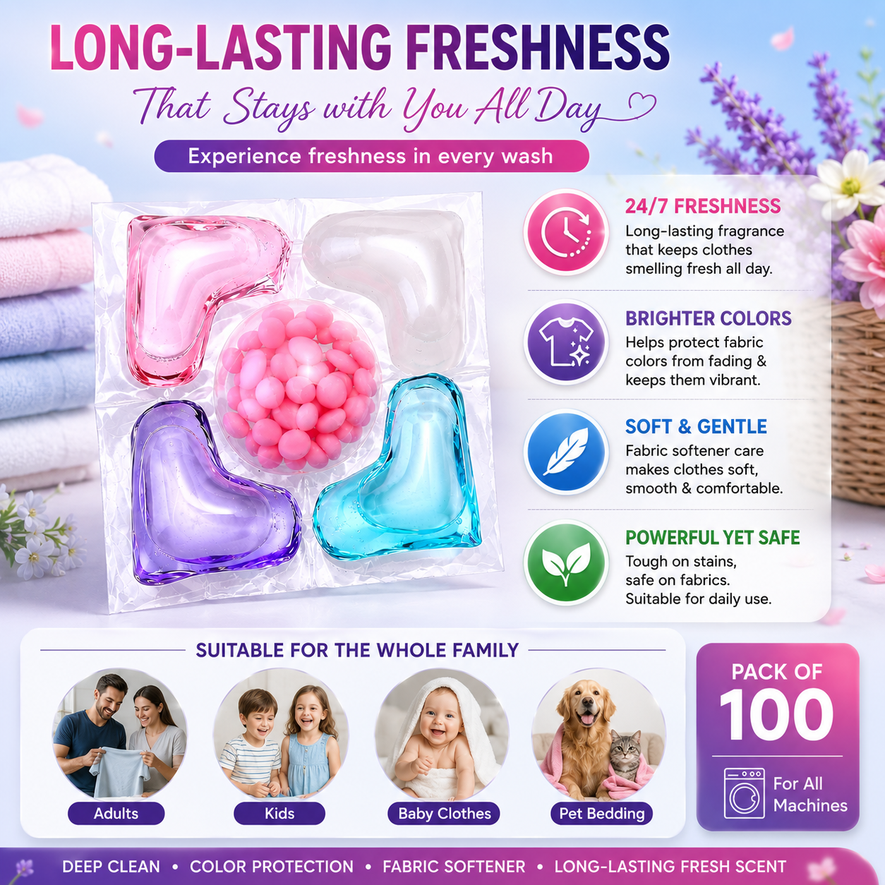 4 in 1 Laundry Detergent Pods | Deep Clean, Color Protection, Fabric Softener & Long-Lasting Fresh Scent (PACK OF 100)
