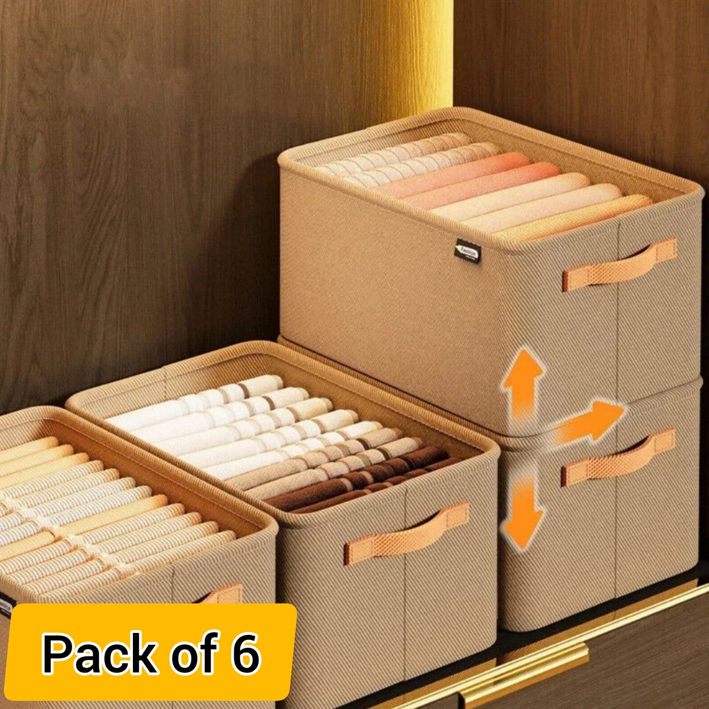 (Pack of 6) Foldable Storage Organizer Set for All Clothes type | Closet Organizer | Cloth Stackers Set, beige (Pack of 6)