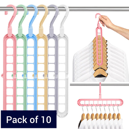 (Pack of 10) Hanger-Plastic Multi-Functional Adjustable & Folding Clothes Hanger | Portable Anti-Slip For Storage + Garment Drying | Multicolor, Pack Of 10