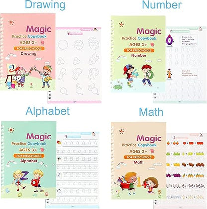 Magic Calligraphy Copybook Set Writing Tool for Kids (4 BOOKS,1 PEN, 1 GRIP, 10 REFILL)