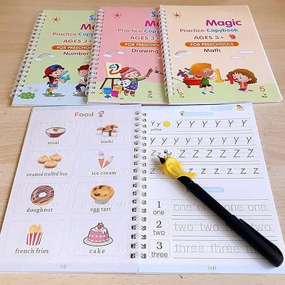 Magic Calligraphy Copybook Set Writing Tool for Kids (4 BOOKS,1 PEN, 1 GRIP, 10 REFILL)