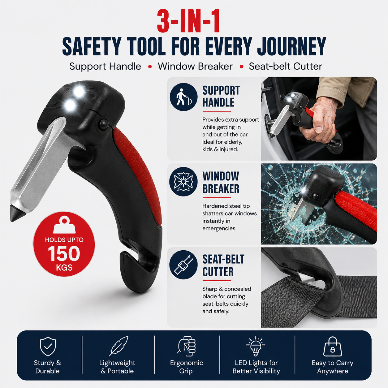 BitKarts essentials- Multipurpose Car Support Handle with Window Breaker & Seat-belt Cutter | Upto 150 kgs
