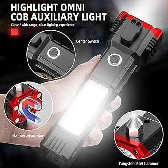Flashlight,Long Distance Beam Range Car Rescue Torch with Hammer Window Glass and Seat Belt Cutter Built Portable Rechargeable