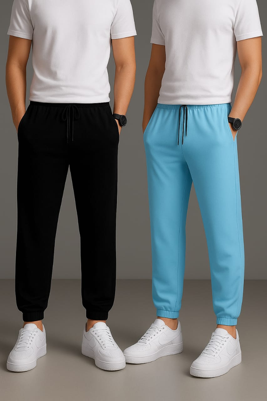 (Pack of 2) Sky Blue & Black Track Pants | Regular Fit with Drawstring & Zipper Pockets, Quick-Dry | Ideal for Everyday Casual Use, Sportswear | Pack of 2